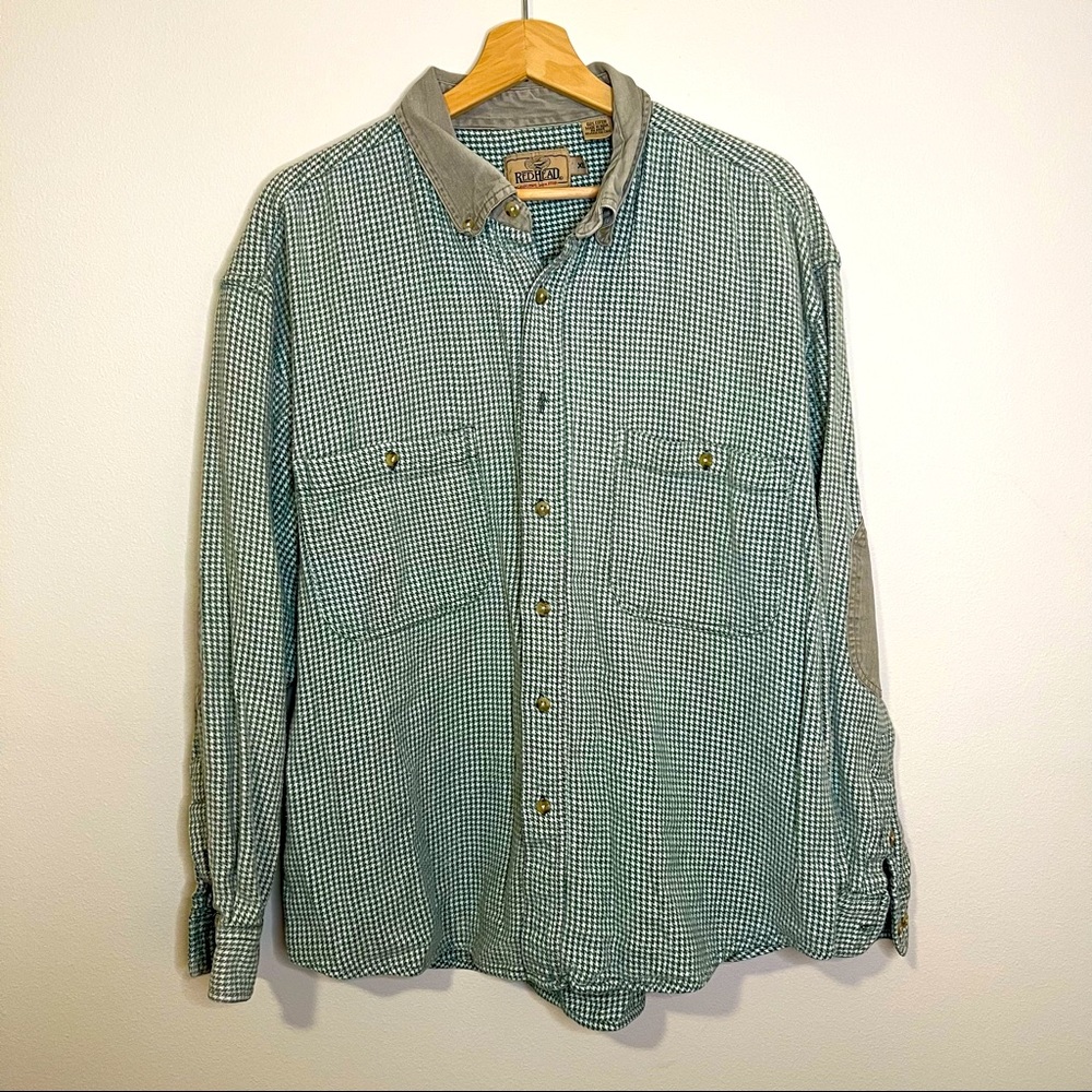 Redhead Cotton Green Houndstooth Button Up Shacket with Elbow Patches. Size XL